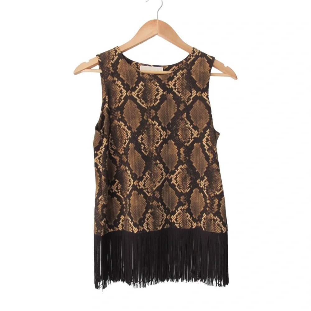 Michael Kors Tokara Snakeskin Top Sleeveless Blouse Small Fringe Hem Brown Boho